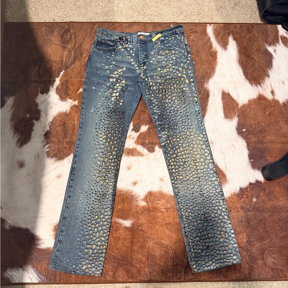 Embellished Blue Denim Jeans with Gold Stud Detailing